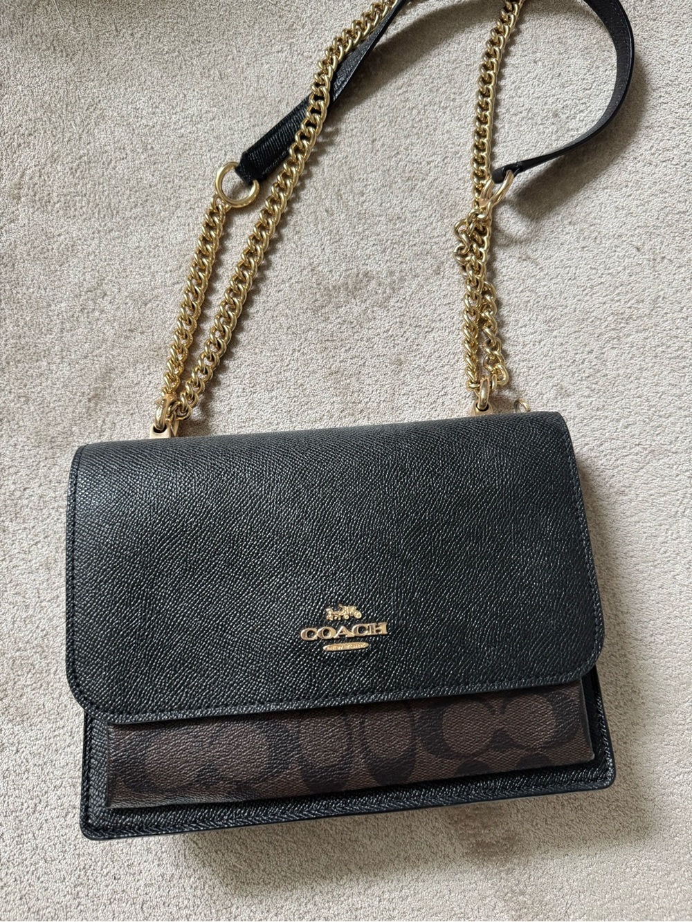 Coach Black Leather and Brown Signature Chain Crossbody Bag